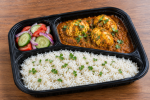 Home-Made Egg Curry with Rice & Salad